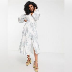 ASOS Curve White and Blue Maxi Dress with Pleated Wrap Design